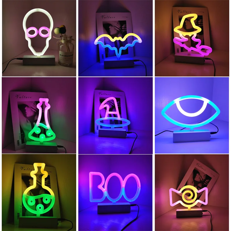 Halloween Decoration Neon Lights Witch Hat Candy Ghost Lights Party Lamp for Bedroom Bar Coffee Decor Lighting Skull Lamp