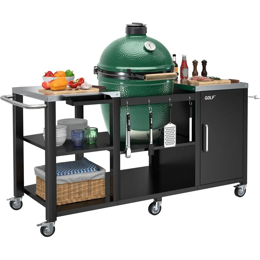 

Прочный металлический стол для приготовления барбекю на открытом воздухе с местом для хранения, совместимый с классическими грилями Kamado Joe