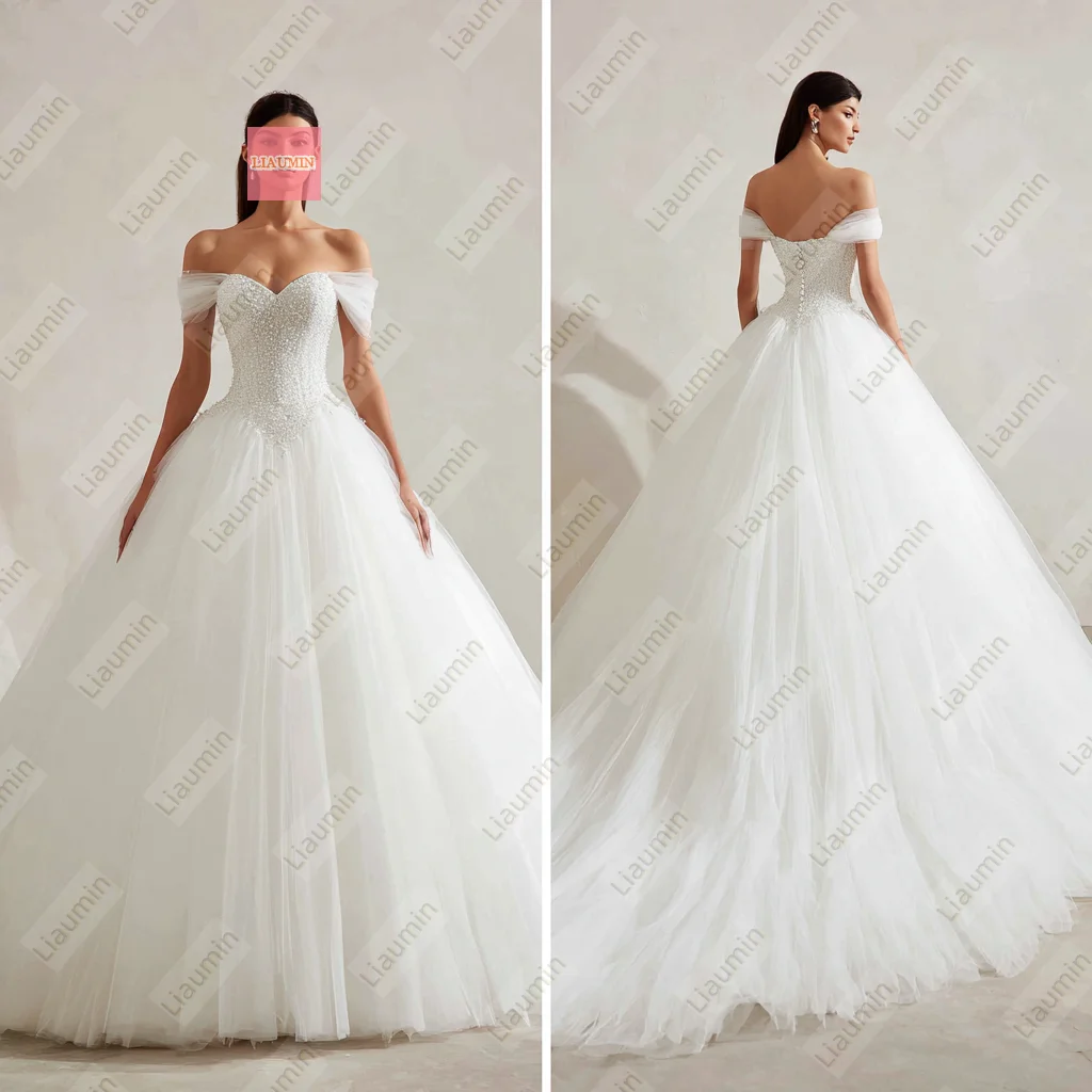 جديد كلاسيكي أبيض أو عاجي تول مع الديكور الدانتيل متابعة الظهر فساتين الزفاف الزفاف طول الأرض يدوية مخصصة W19-44 #4