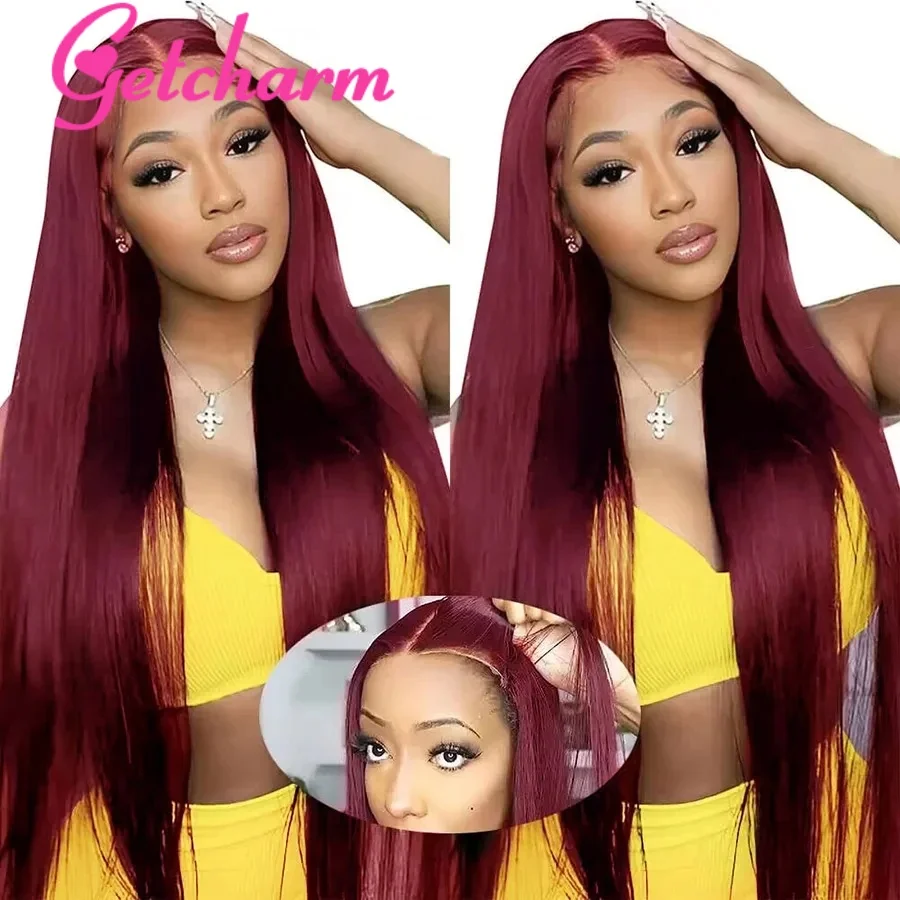 Burgundy 13x4 Straight HD Lace Frontal Wigs Human Hair 180% 99j Red Colored Glueless Lace Front Human Hair Wigs 5x5 Closure Wig