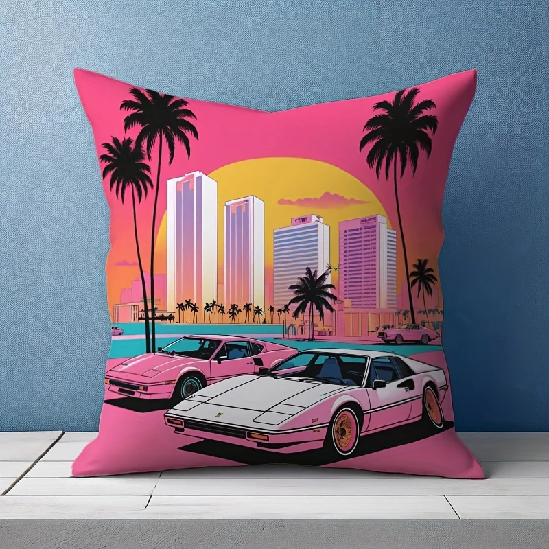 Retro Miami Pillow Cover 45x45cm – Neon Sunset, Palm Trees & Classic Cars Print, Cotton-Poly, Hidden Zipper, Machine Washable