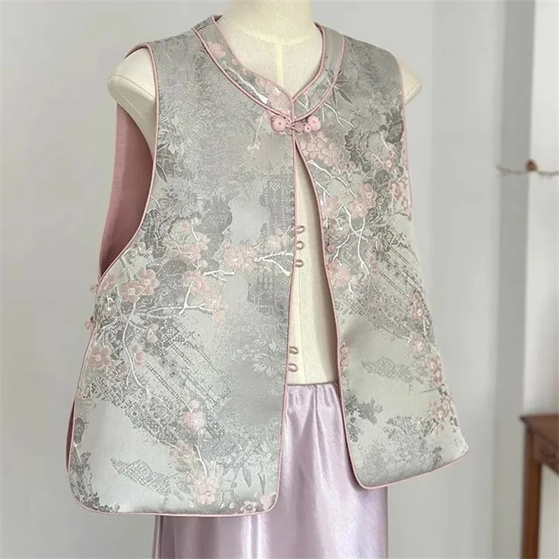 

Women's Jackets Women's Vest New Fashion High-end Jacquard Vest Tang Suit Chinese Grey Vest Women's Spring Style Outside Coat