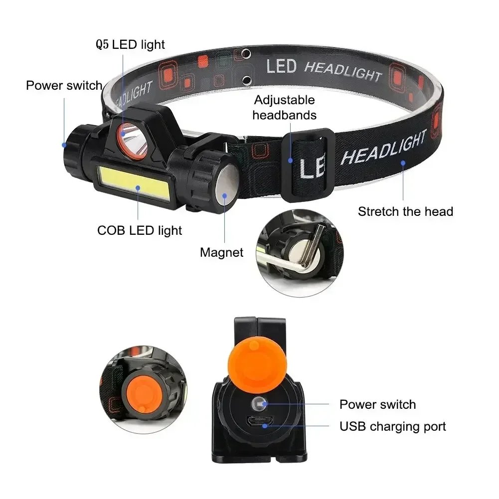 Q5 COB Led Headlamp Powerful Built-in 18650 Battery Outdoor Camping Fishing Headlight Stepless Dimming