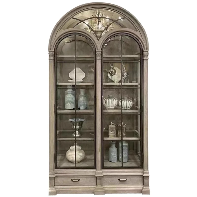 

Light luxury solid wood wine cab inet, living room dini ng side ca binet, French bookcase, arched live stream display cbinet