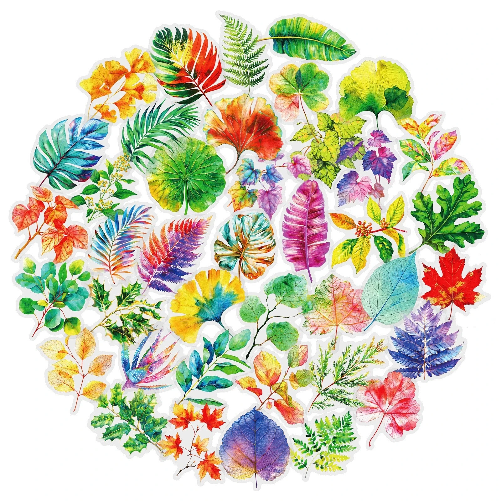 50 Stück Bunte Blatt-PET-Aufkleber Pflanzenblatt DIY Handzelt-Material Dekorative Aufkleber Schreibwaren-Sticker