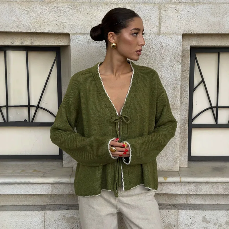 Bow Lace-Up Knit Cardigan for Women Spring Autumn New Color Contrasting Loose Sweater Casual Warm Long Sleeved Knitted Tops