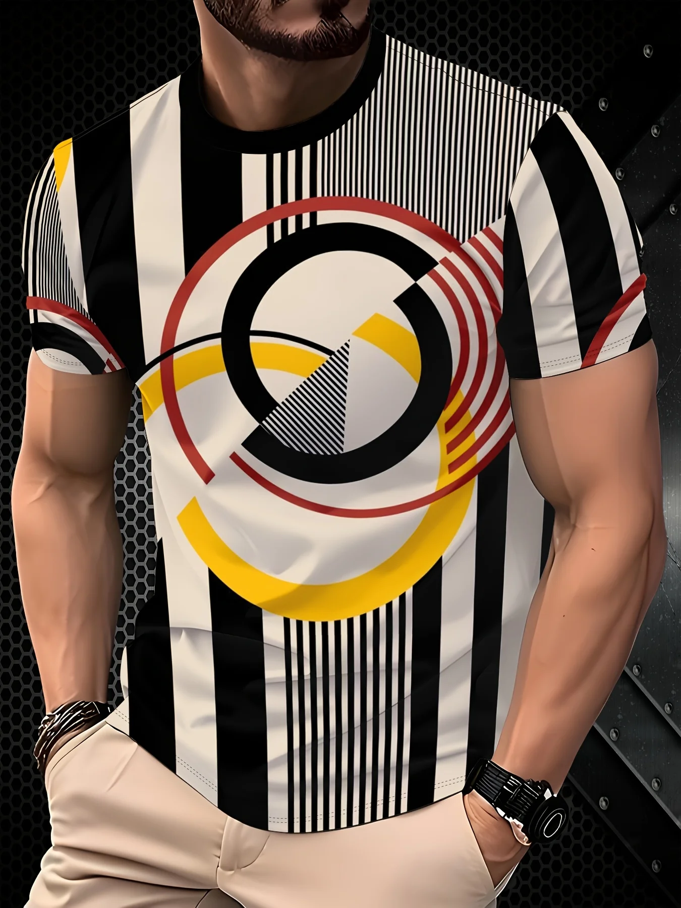 Herren Rundhals-T-Shirt mit 3D-Streifen, geometrischem Kreis und Farbblock-Print, Lässige Oberteile – Detail 2