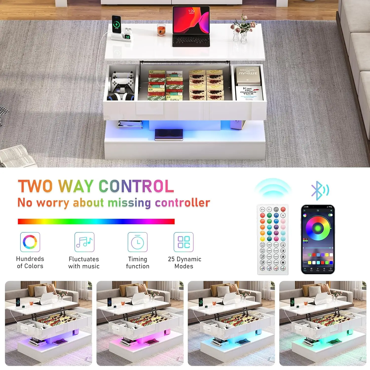 طاولة قهوة كبيرة مقاس 39.4 بوصة، طاولات قهوة حديثة عالية اللمعان LED لغرفة المعيشة مع مساحة تخزين، طاولات غرفة المعيشة باللون الأسود لـ