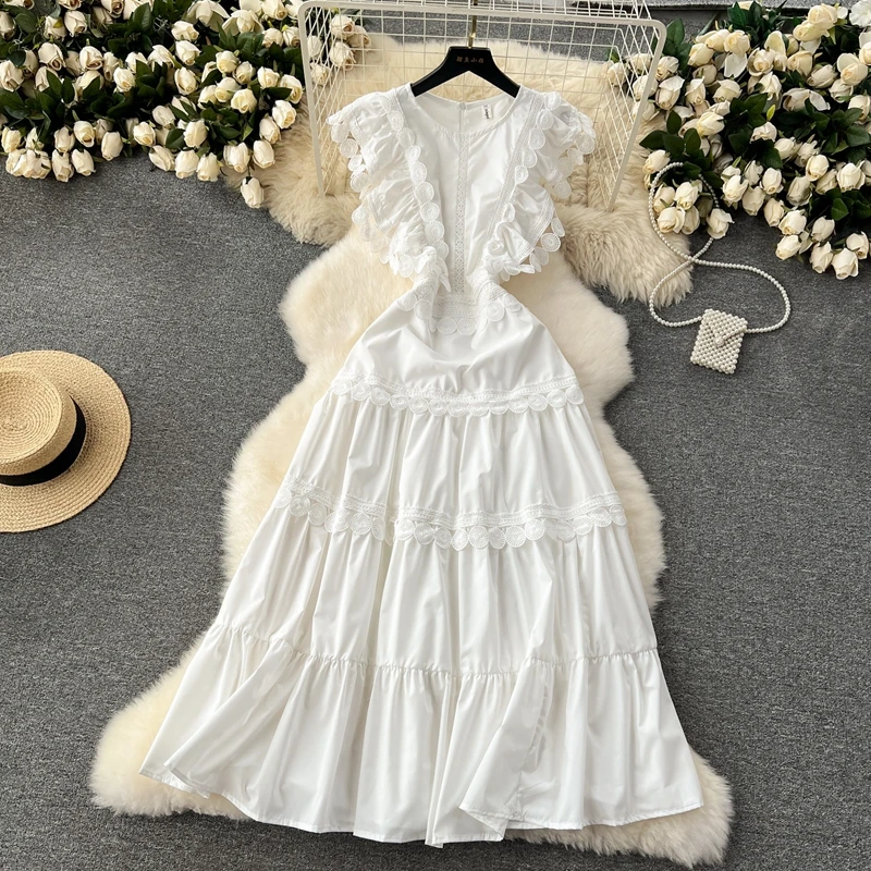 French Women Elegant Dress 2024 New Embroidery Ruffle Edge Long Vacation First Love Dress