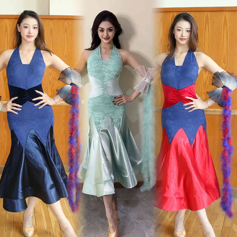 

2025 Ballroom Dance Competition Dress For Women Lace Hanging Neck Feather Big Swing Dress Adult Female Modern Costumes DQS19829