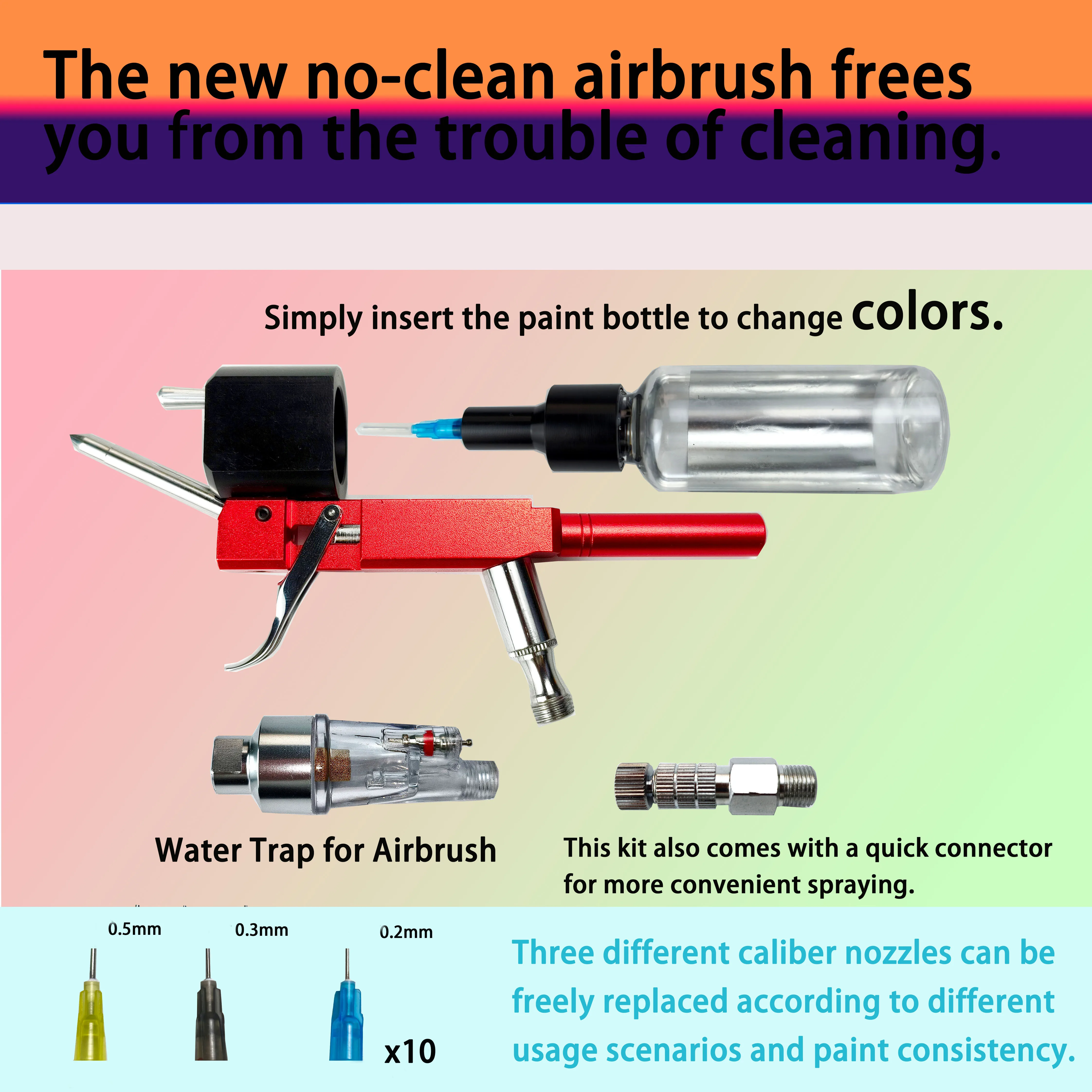 

No-clean airbrush kit with disposable nozzles (10×0.2mm, 10×0.3mm, 10×0.5mm), ideal for airbrushing, models and DIY projects.