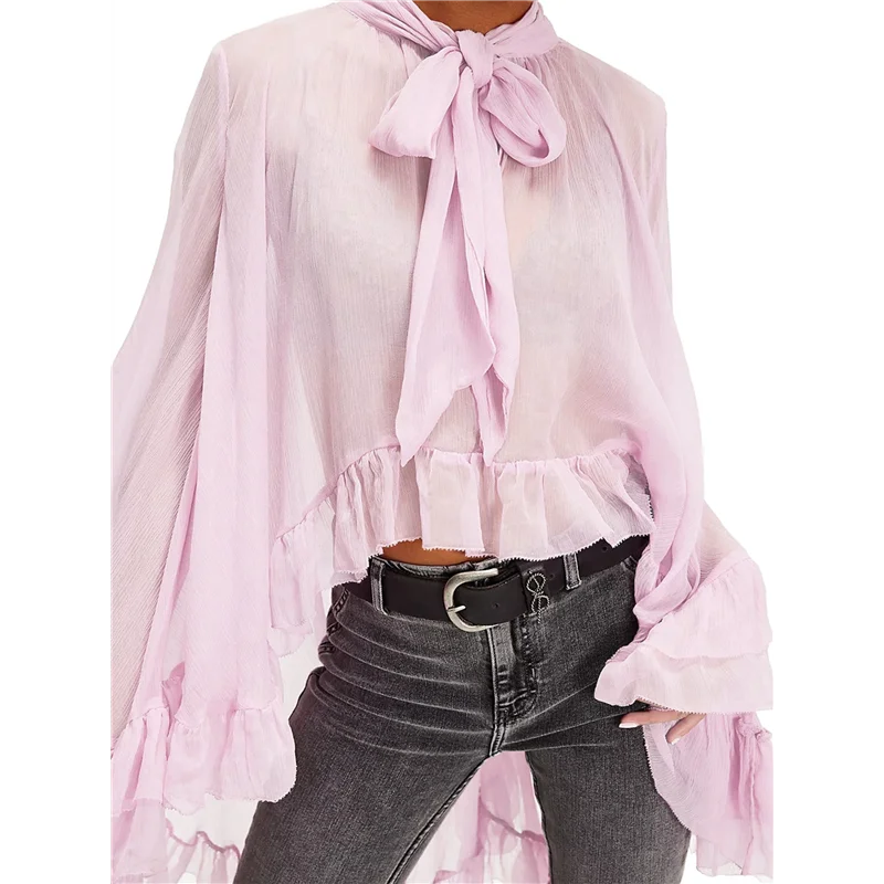 

ABRT-Women Long Bell Sleeve Frill See Through Sheer Mesh Blouse High Low Hem Ruffled Sexy- Flowy Shawl Shirt