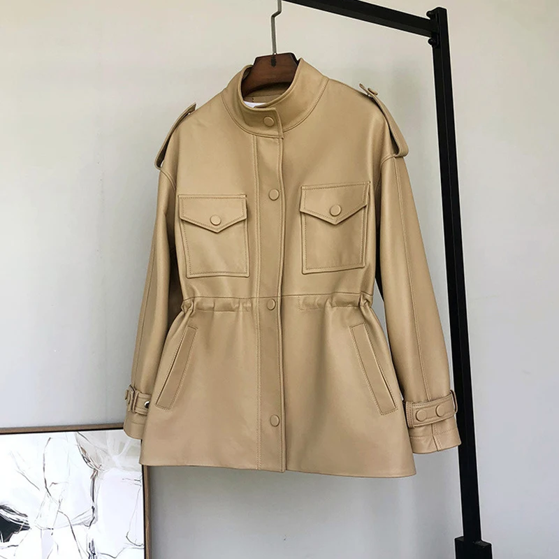 2024 autunno nuove giacche in vera pelle donna Casual di media lunghezza con coulisse in vita colletto alla coreana cappotti Trench in vera pelle di pecora