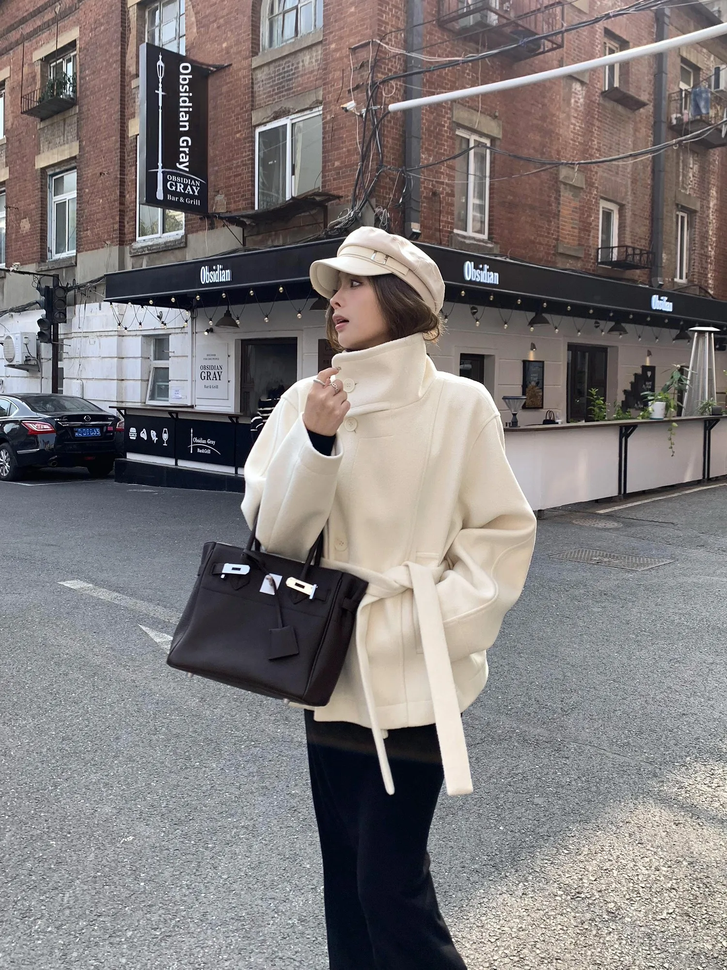 

Chen Mi Fan ort Woolen Coat Women's High Waist Cigarette Waist Design Stand Collar Long Sve Winter Faion Outerwear