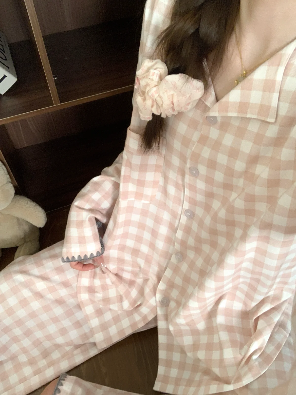 

Мягкий комплект домашней одежды из чистого хлопка с клетчатым узором для молодых женщин, большие размеры, весна-осень, удобный, дышащий, для сна.