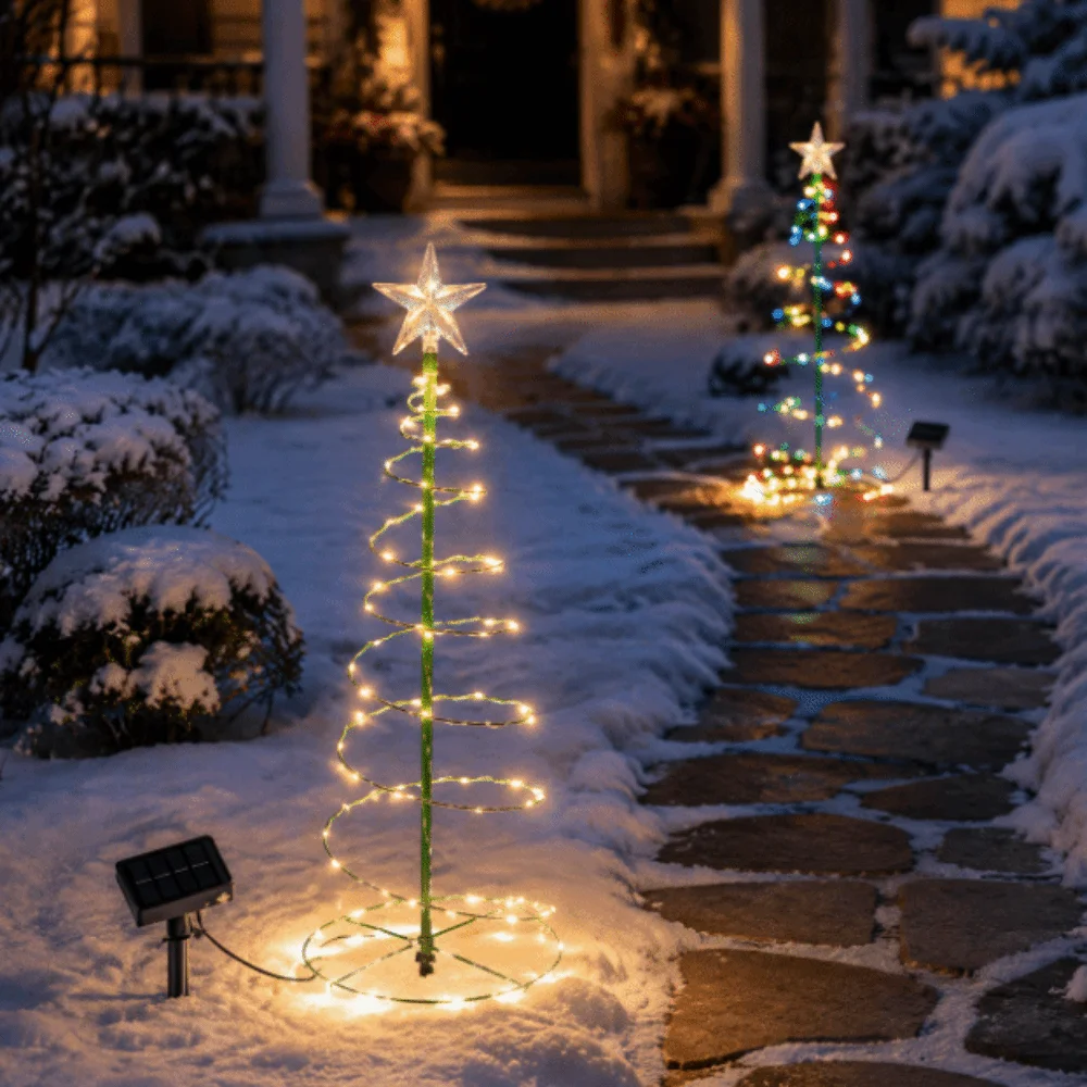 8 Modes Solar Iron Christmas Tree Lights Luminous LED Christmas Outdoor Decoration Warm/Colorful Light Ornament