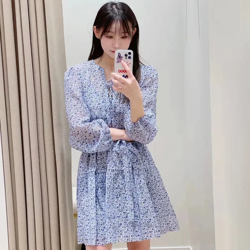 

Women Blue Mini Dress Two Pieces Set Floral Print Lace-up Fresh Lantern Sleeve Female Summer 2024 Robes