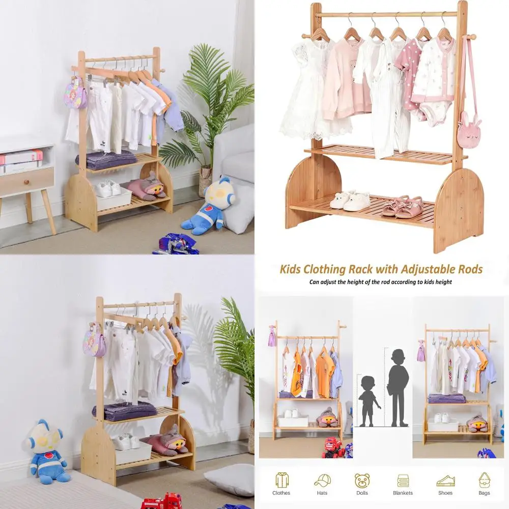 

Регулируемая детская вешалка для одежды с нижними полками, идеально подходит для детского гардероба и хранения вещей в детской комнате