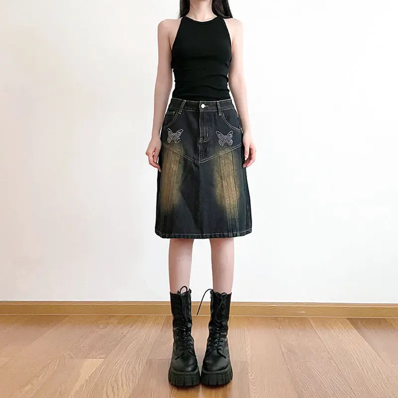 Rok Denim kupu-kupu berlian populer Antik biru lurus wanita Amerika Retro estetika Chic kargo rok Tengah Y2K Streetwear rok