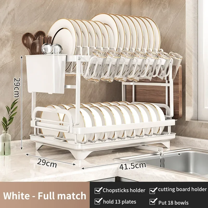 2 Tiers Kitchen Dish Drying Rack Bowl Drainer Storage Rack Kitchen Utensils Organizer Knife Fork Water Cup Holder Pot Lid