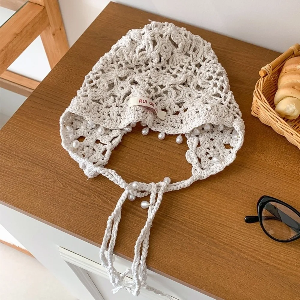 

Cute Handmade Crochet Tassels Cap Pearls Y2k Knitted Beanies Caps Hollow Sweet Weave Basin Hats Outdoor