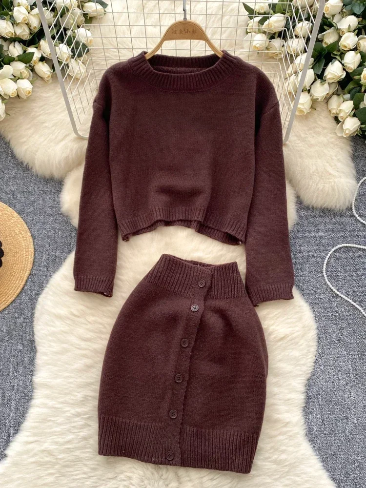 Autumn Casual Warm Sweater Suits Women Long Sleeves Loose Pullover+Buttons Design Short Skirt Office Lady Knitted 2 Piece Set