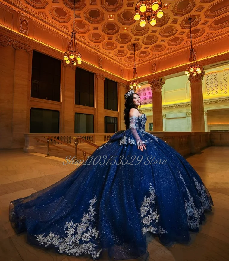 Sparkling Navy Sheath 15 Quinceanera Dresses Dreamy Lace Applique Sequins Tulle Tie Layered Princess Poncho Vestidos De Festa