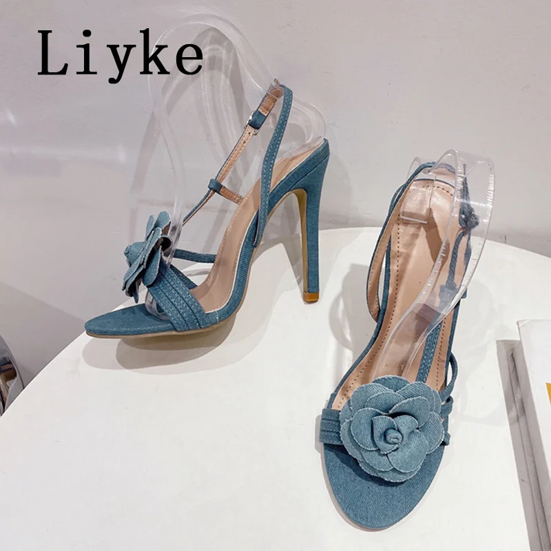 Liyke Fashion Design Patent Leather Flowers Open Toe Back Strap Sandal Women Silver High Heels Summer Party Prom Shoes Sandalias