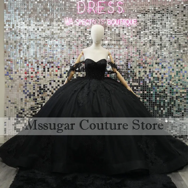 Black Lace Ball Gown Quinceanera Dresses Off Shuolder Flowers Appliques Beading Luxury Sweet 16 Dress Vestidos De Xv Años