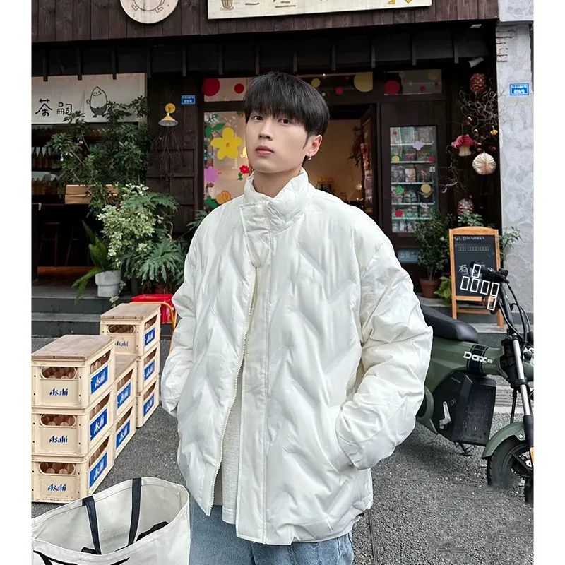

Thickened Diamond Pattern Cotton Jacket Men's Winter Warm Bread Style Coat Stand Collar Outerwear Casual Youth Fashion