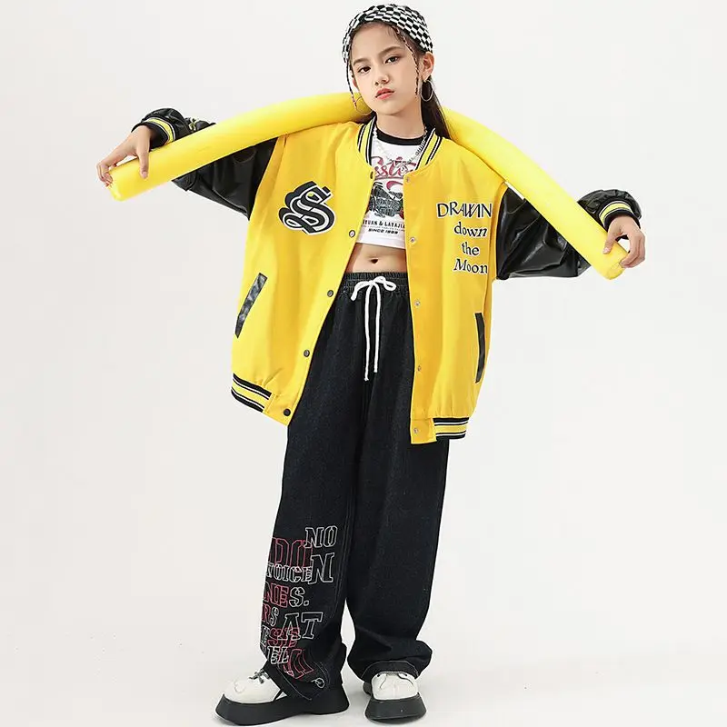 Hip Hop Dance Clothes for Kids Kpop Costume Yellow Bomber Coat Denim Pants Teenage Girls Concert Group Hiphop Performance Outfit