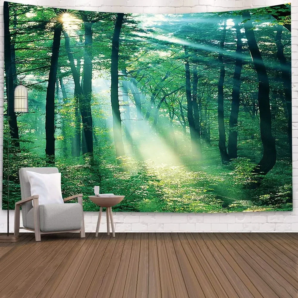 Forest Tapestry Sunlight Trees Tapestry Green Nature Landscape Scenery Wall Hanging Tapestries for Bedroom Living Room Decor