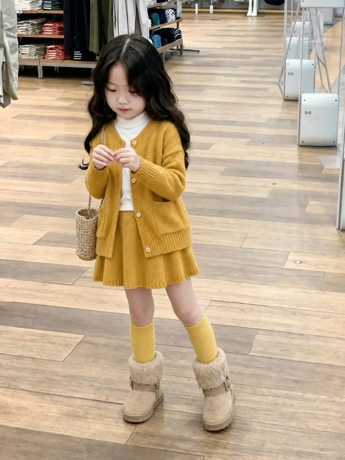 Girls Set Spring Autumn New Sweet Retro Yellow Knitted Sweater Cardigan Half Skirt Two-Piece Set Children's Fashion Outfit