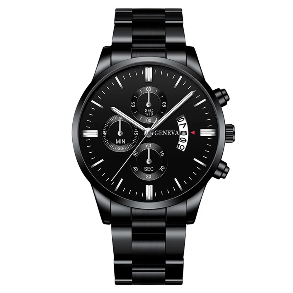 3PCS/Set Fashion Men\'s Stainless Steel Band Watch Casual Calendar Quartz Watch Jewelry Set(Without Box)