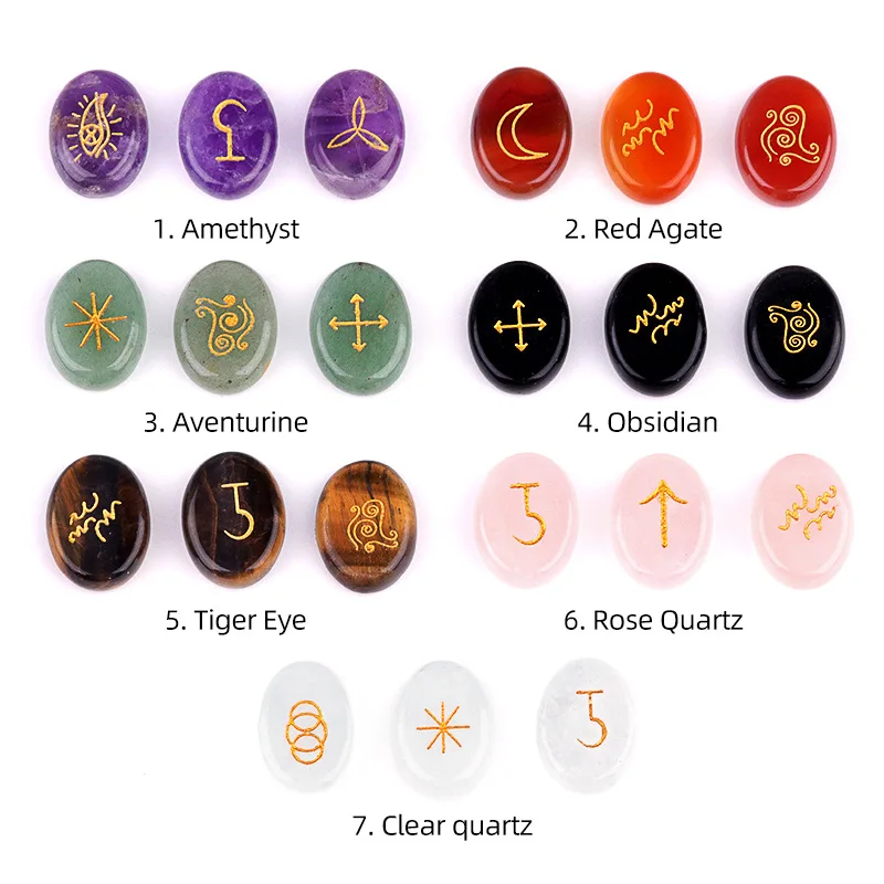 13pcs 20x15mm Oval Chakra Natural Stone Beads Witches Signs Runes Carving Reiki Healing Gem Divination Memorial Christmas