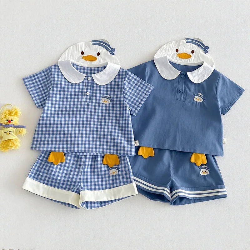 MILANCEL New Summer Kids Shirts 9M-4T Fashion Thin Grid Girls T-shirt Loose Cartoon Duck Children Clothes Boys Short Sleeve