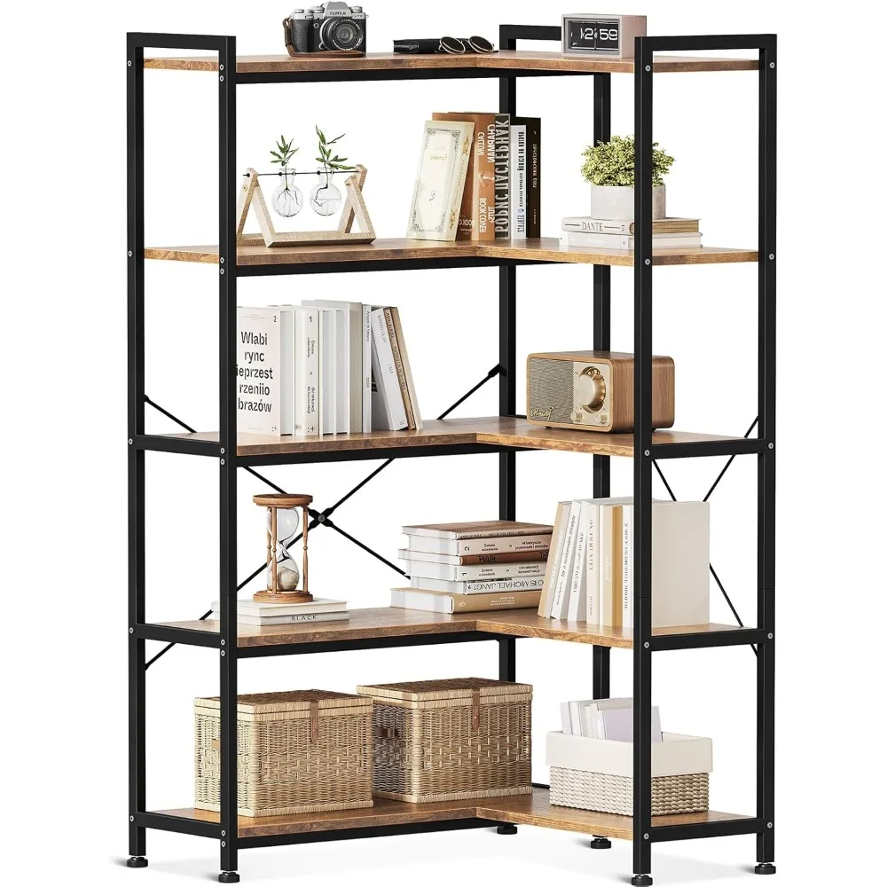 

Corner Bookshelf 5 Tier, 57 Inches Reversible Book Shelf for Living Room, Industrial Wooden Bookcase with Open Shelves and Meta