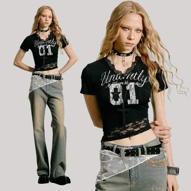 

Women T Shirts Y2k Black Goth Harajuku Tee Summer 2026 New In Woman Clothes Vintage Short Sleeve Sexy Lace Crop Tops Women