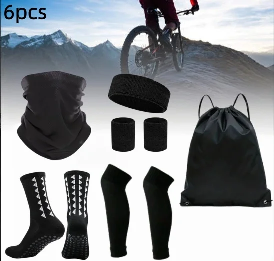 6Pcs Outdoor Cycling Accessory Set Sports Neck Tube Head Band Wrist Sweatbands Anti-slip Socks Leg Covers & Storage Bag