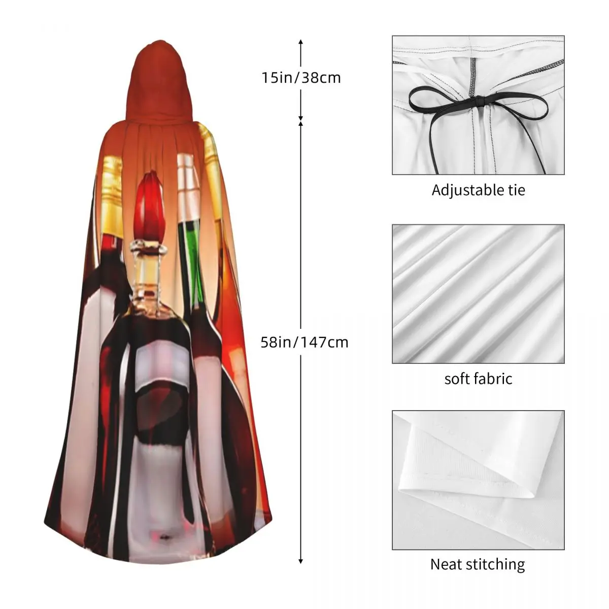 زجاجات المشروبات الكحولية المتنوعة البيرة والنبيذ عباءة طويلة مقنعين الساحرة القرون الوسطى زي تأثيري كيب هالوين معطف الكبار