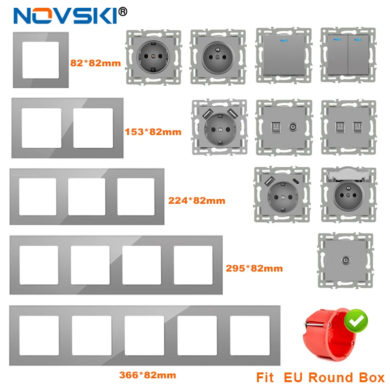 novski wall-mounted module diy European standard gray glass panel power socket switch button function free combination