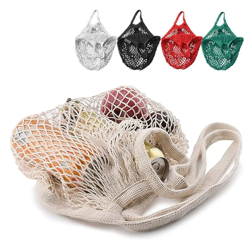 Portable Reusable Grocery Bags Fruit Vegetable Bag Washable Cotton Mesh String Organic Organizer Handbag Short Handle Net Tote