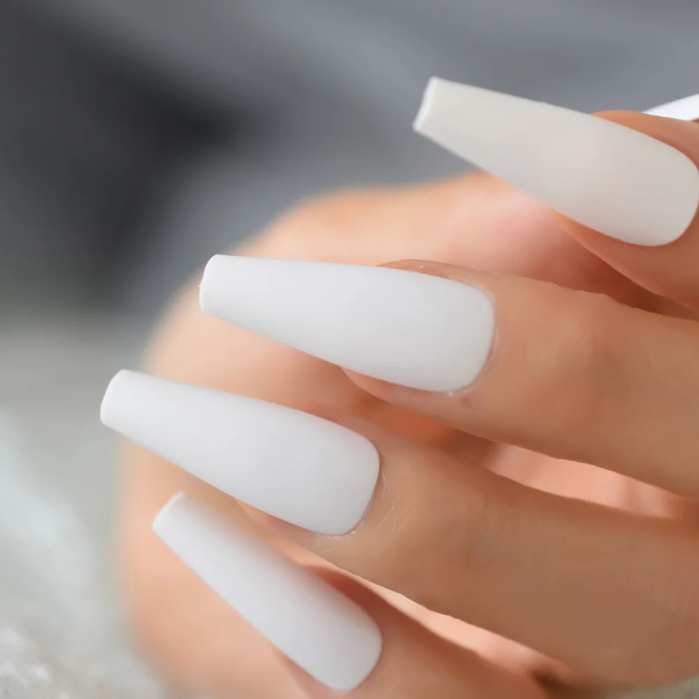 Super Long Fake Nails Coffin Matte White Press on Nails Ballerina Acrylic False Nails Tips Cosplay Party Salon Office Lady Girls