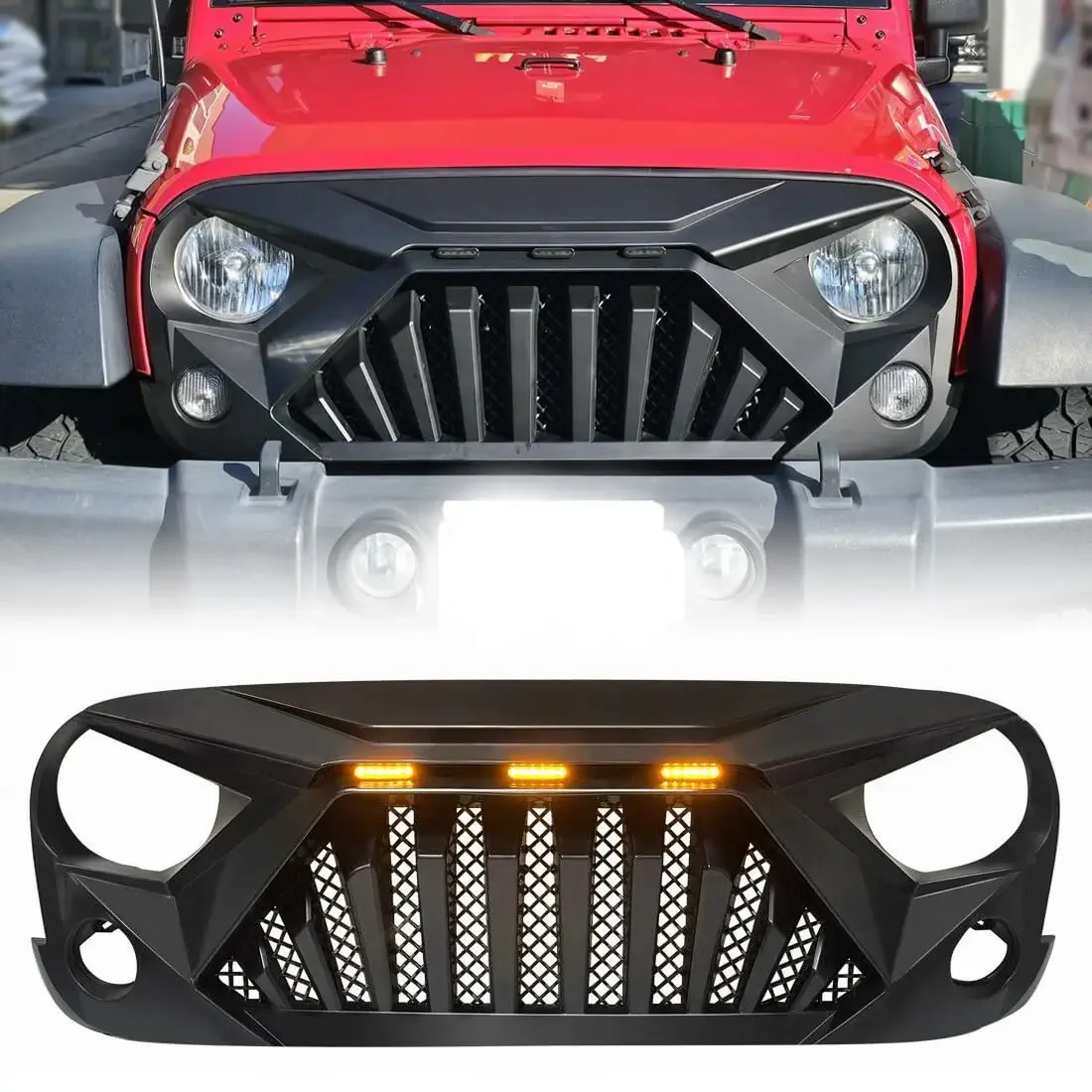 For Jeep Wrangler 07-17 JK JKU Auto Front Grill Grille LED Daytime Running Lights Design Wiring Harness Replacement Accessories