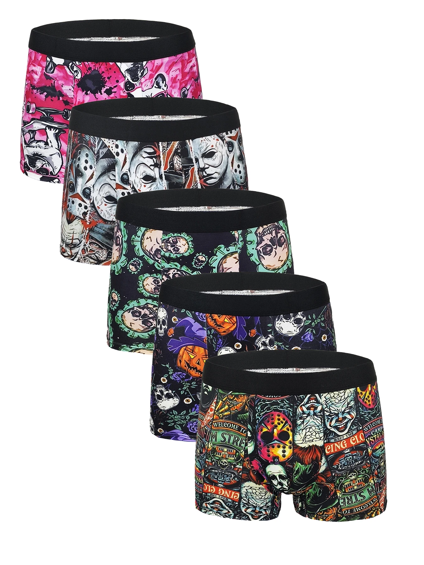 

5-Piece Men's Polyester Boxer Briefs Set - Horror-Themed Graphic Print Underwear
