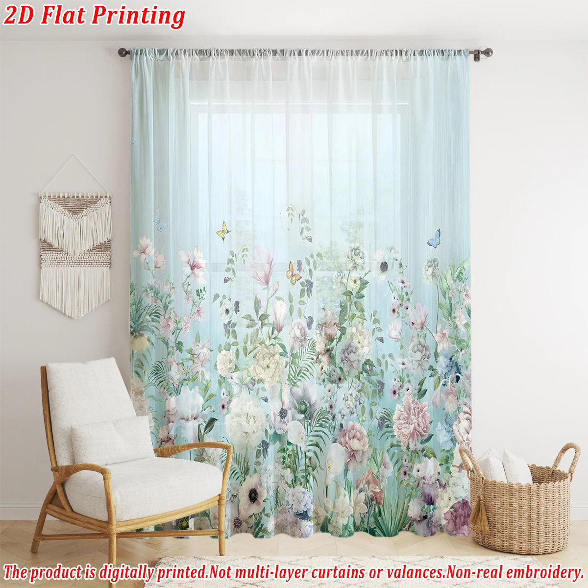 ستارة شفافة بطباعة مسطحة على شكل فراشة باللونين الوردي والأبيض، قماش خفيف، لغرفة المعيشة وغرفة النوم وديكور المنزل والنافذة