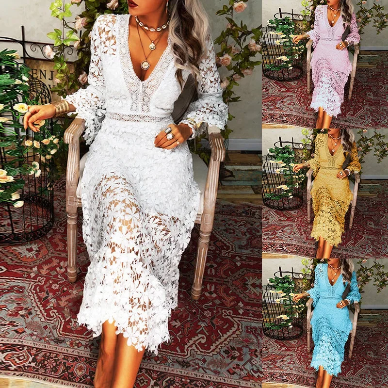 

Autumn new Europe and the United States explosive sexy perspective lace long sleeve V-neck swing long dress women