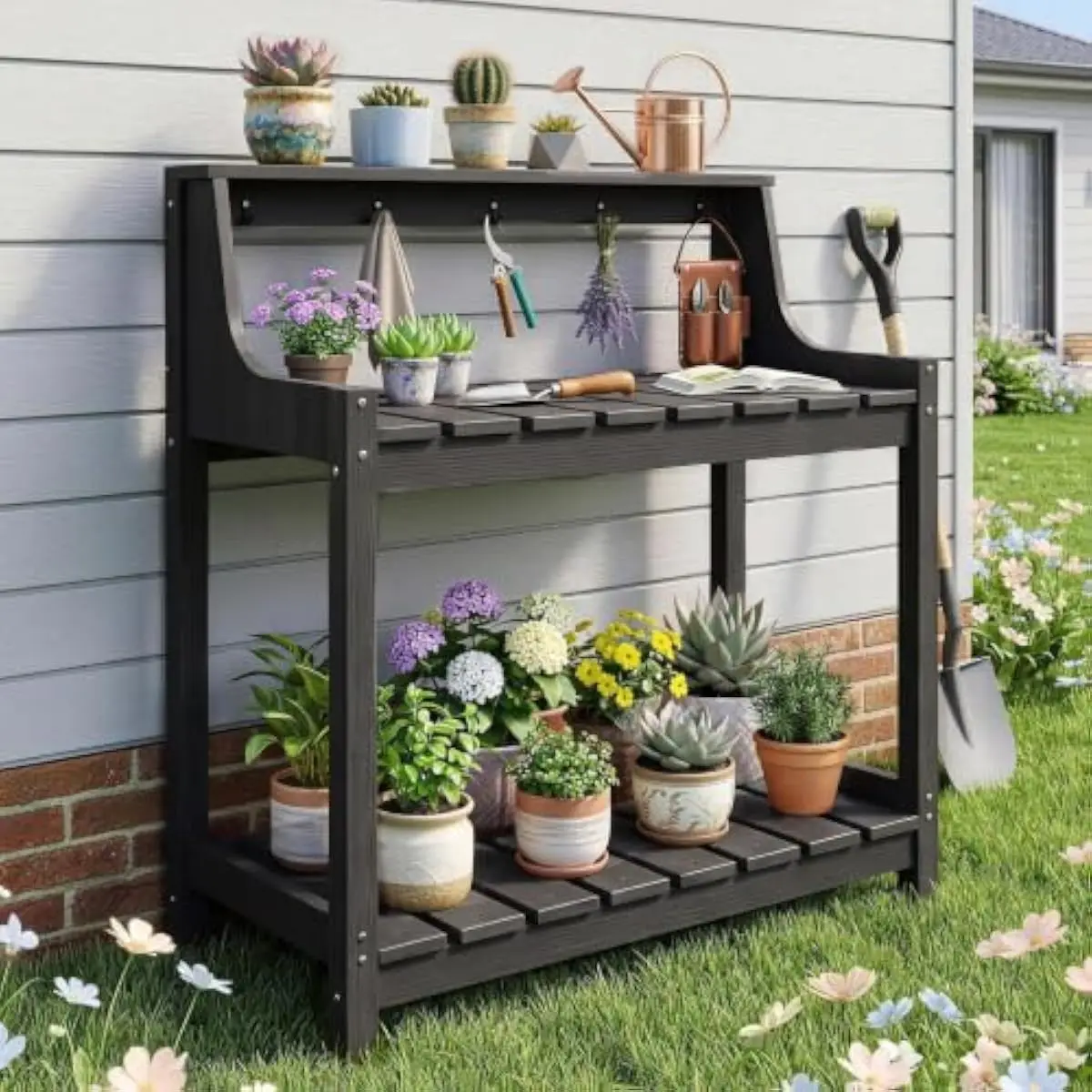 Outdoor HDPE Potting Station with Ergonomic Height Drainage Platform Smart Tool Hooks Rustproof Stainless Steel Frame Weather Re