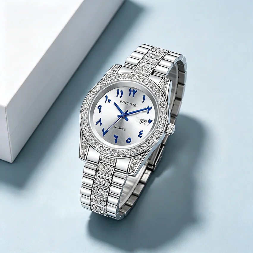 Luxury Watch With Arabic Numerals - Montre-bracelet élégante incrustée de diamants avec