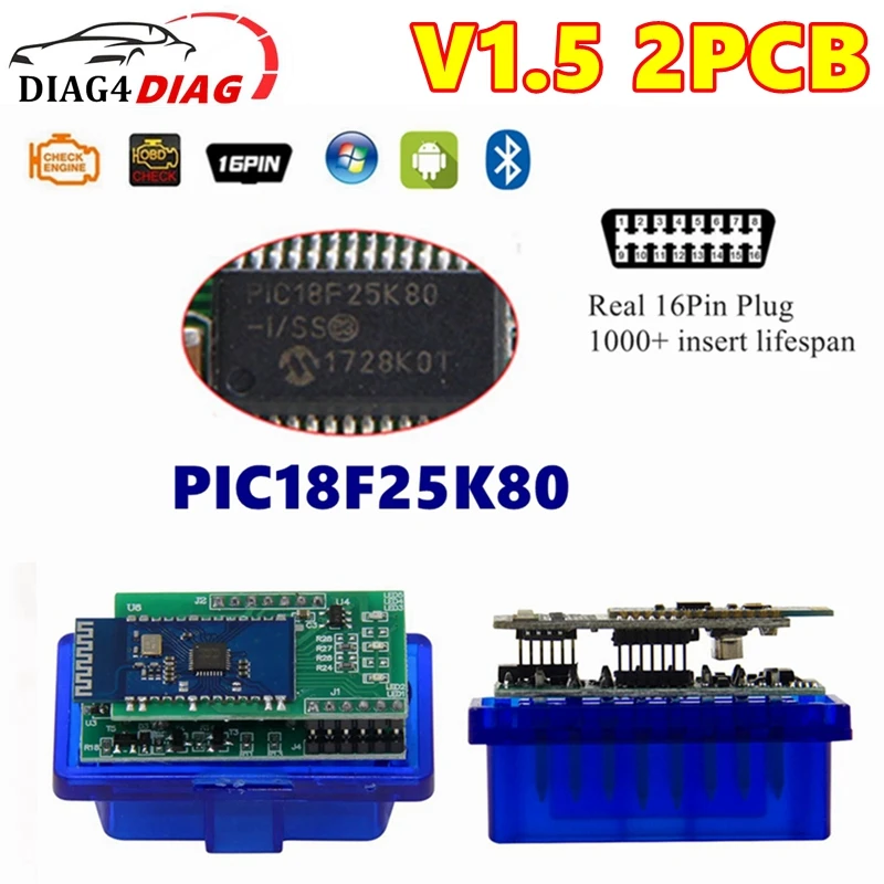 Dual Double 2PCB PIC18F25K80 chip Firmware 1.5 ELM327 V1.5 OBD2 Scanner BT Car Diagnostic Tool Support More Android Car